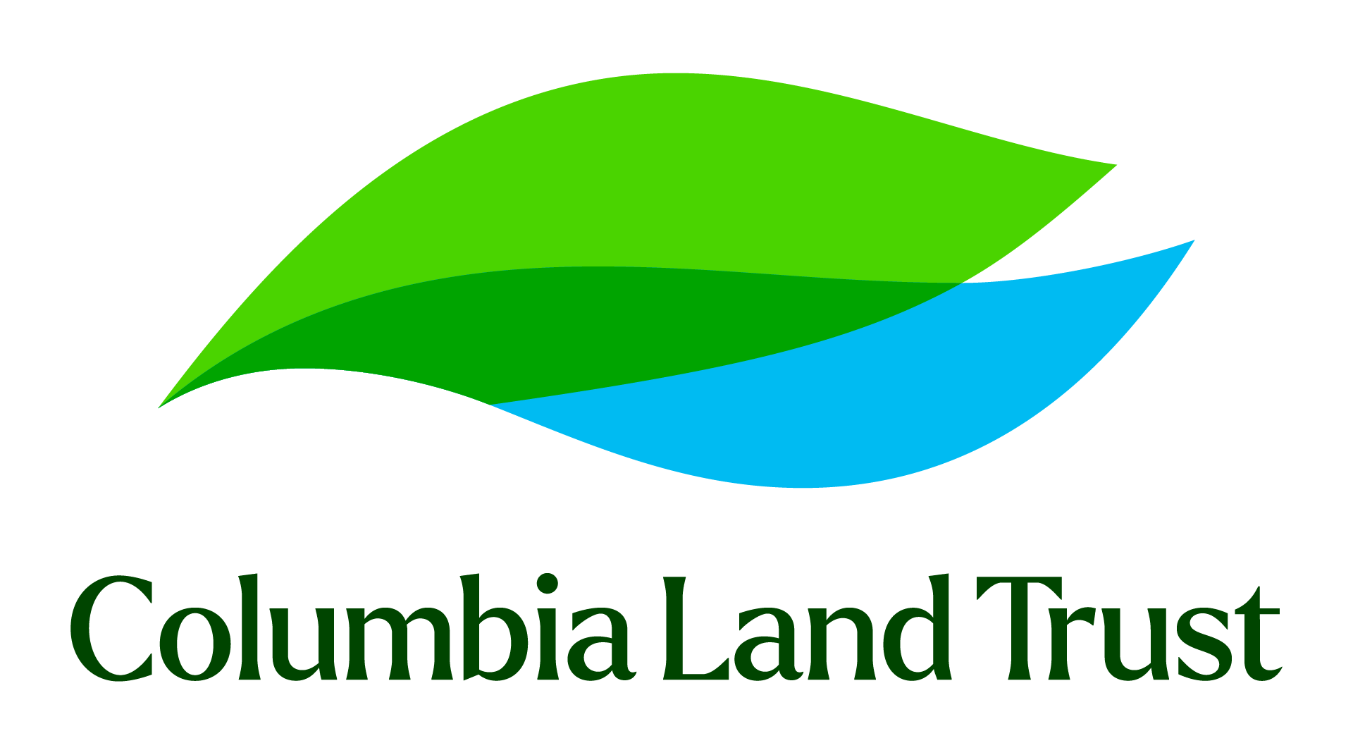 Logo of Columbia Land Trust featuring two overlapping leaf shapes, one green and one blue, above the name "Columbia Land Trust" in dark green serif font on a white background.